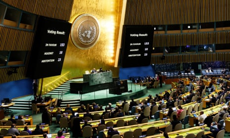 The results of a draft resolution vote are seen on a screen as the UN general assembly holds an emergency special session on the Israel-Hamas war at the UN on 12 December, in New York City. 