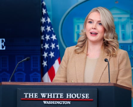 The White House press secretary, Karoline Leavitt, addresses reporters during a news conference at the White House