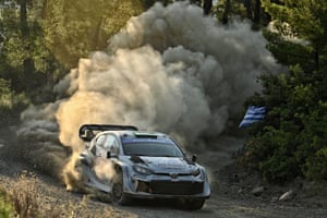 The Toyota GR Yaris Rally1 throws up clouds of dust behind it