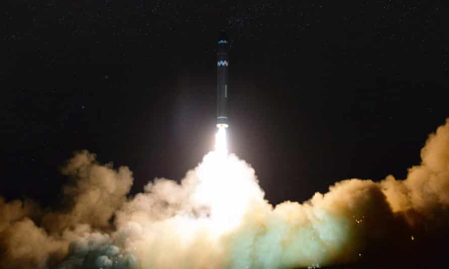 A photo released by the North Korean Central News Agency (KCNA) shows the launch of the newly developed inter-continental ballistic missile Hwasong-15 from an undisclosed location in North Korea on 29 November.