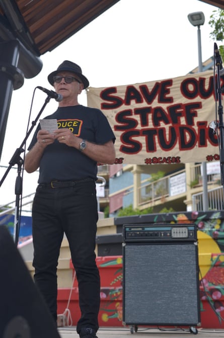Peter Breen, the co-founder of Brisbane’s Jugglers Art Space, speaks at a protest rally over cuts to the QCA on 6 December.