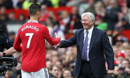 Ronaldo (left) claims United have not progressed as a club since Sir Alex Ferguson (right) left the club.