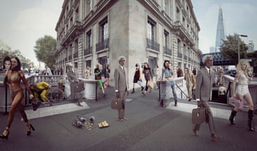 Individuation (persona) 2024–25. Three images of the same Indigenous man in a grey suit and briefcase near two subway entrances on a street corner, surrounded by people, each of whom are holding masks in front of their faces.