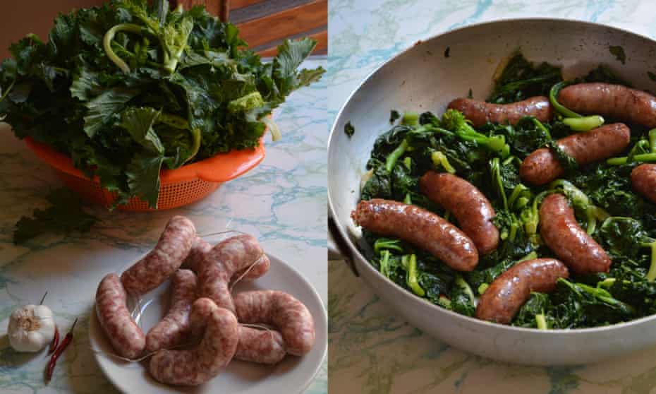 Sausages and greens