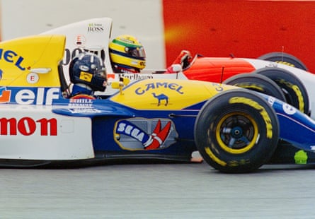 Damon Hill racing alongside Ayrton Senna at Interlagos in 1993.