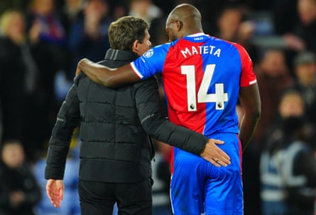 Oliver Glasner and Jean-Philippe Mateta compare notes after Palace’s 2-0 win against Newcastle