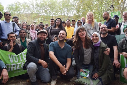 Green party deputy leader Mothin Ali, leader Zack Polanski, deputy leader Rachel Millward, and Hannah Spencer MP, alongside supporters including Andrew Feinstein.