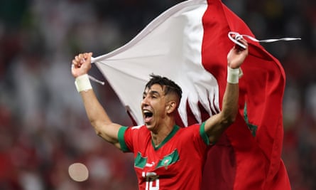 Jawad El Yamiq du Maroc célèbre la victoire sur le Portugal en quart de finale.
