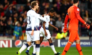 Kyle Walker-Peters, then of Tottenham, is consoled after Ousmane Dembélé scores for Barcelona in the Champions League.