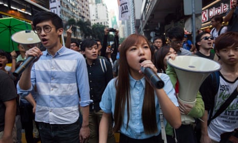 Baggio Leung, left, and Yau Wai-ching lead a protest against Beijing’s changes to Hong Kong’s constitution on 6 November.
