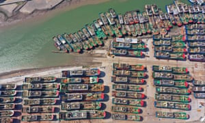 Aerial view of ships at a ship building yard during the summer fishing moratorium on 17 June 2020 in Wenling, China.