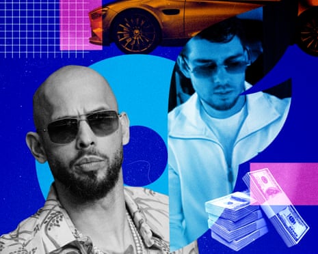 A composite image showing Tate and Hussle, both wearing dark sunglasses; several bands of US dollars; and a supercar