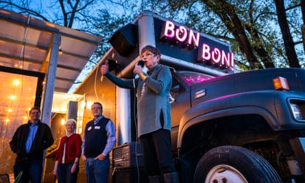 Democratic Kansas gubernatorial candidate Laura Kelly campaigns at Bon Bon restaurant in Lawrence, Kansas, on Friday.