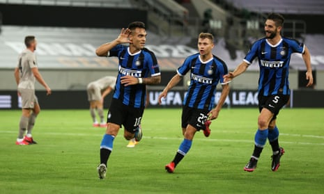 Inter Milan’s Lautaro Martinez celebrates scoring his second.
