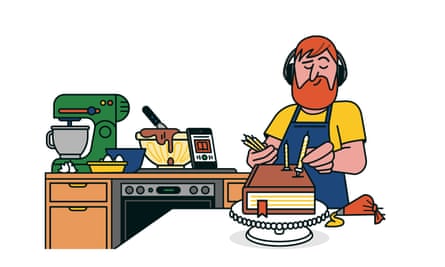 Illustration of a man putting birthday candles in a book