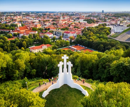 Aerial view of the Three Crosses monument overlooking Vilnius Old Town