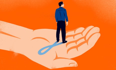 Illustration, of man cupped in a caring hand, casting shadow in shape of prostate cancer ribbon, by Sébastien Thibault