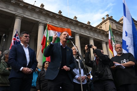 Victorian opposition leader Brad Battin (left) and shadow minister for police David Southwick address a crowd on the steps of Victorian parliament on Sunday.
