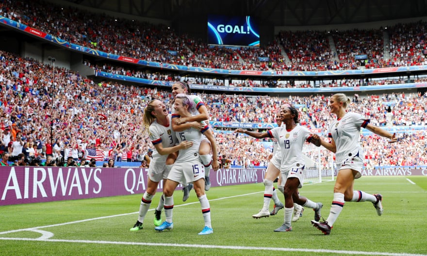 Rapinoe celebrates with teammates after scoring her team’s first goal during the final against the Netherlands.