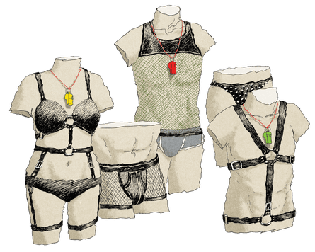 Five mannequins wearing whistles and different styles of black lingerie and harnesses are arranged side by side.