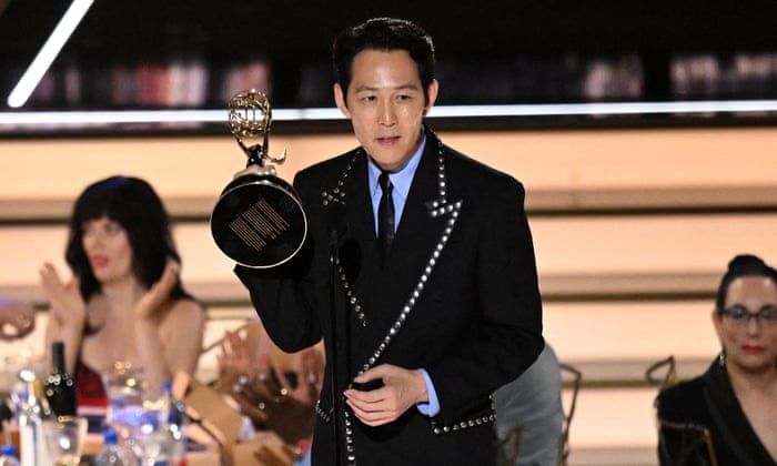 Lee Jung-jae accepts the award for outstanding lead actor in a drama series.