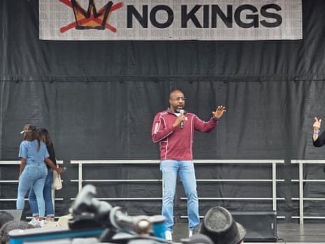 US Senator Raphael Warnock speaks during a “No Kings” protest against president Donald Trump’s policies, in Atlanta, Georgia, US, October 18, 2025.