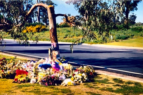 Bunches of flowers heaped around a tree at the side of a road on the grass