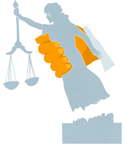 Cutout art of the the figure of justice with scales in her hand being clenched by an orange hand and ripped from her base.