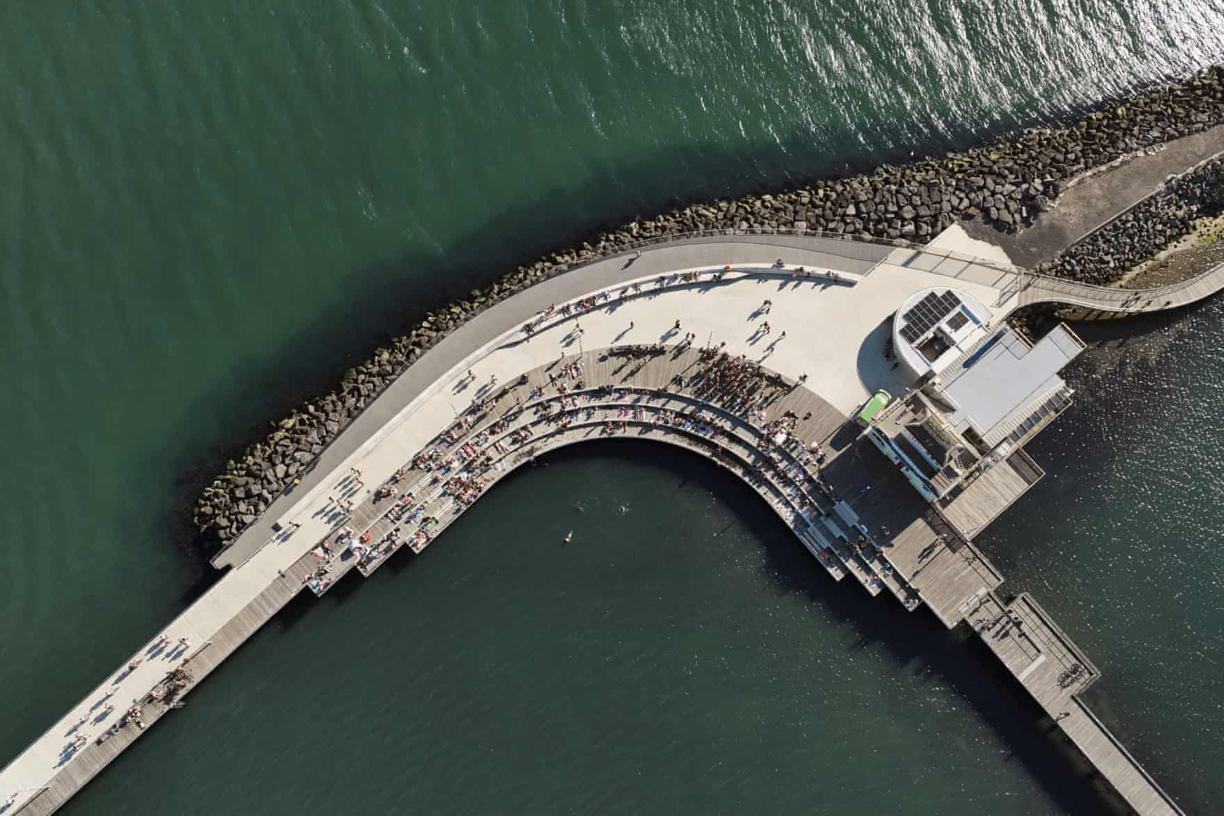 An aerial view of a pier