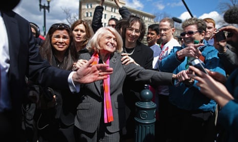 Edith Windsor mobbed by journalists and supporters as she leaves the Supreme Court on 27 March, 2013.