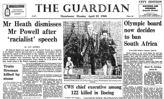 Enoch Powell dismissed after 'racialist speech' - archive, 1968 | Race | The Guardian