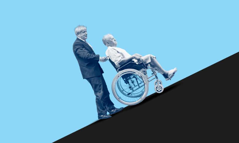 Boris Johnson pushes an older person in a wheelchair