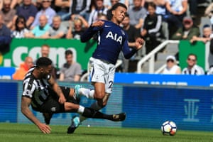 Jamaal Lascelles tackles Dele Alli as Newcastle loose their first game back in the Premier League 2-0 to Spurs at St James’ Park.