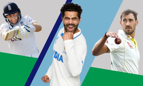 Left to right: England’s Joe Root, Ravindra Jadeja of India and Australia's Mitchell Starc.