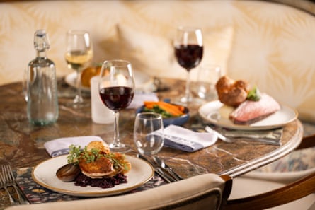Dishes and win on a table in a pub - the Old Inn, County Down