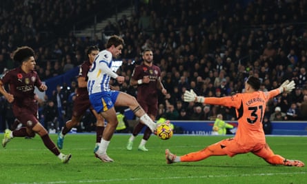 Matt O’Riley scores the winner against Manchester City for Brighton.