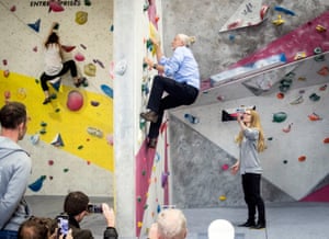 Leeds, EnglandThe Labour party leader Jeremy Corbyn scales a climbing wall while visiting The Climbing Lab which was damaged during floods in 2015 as he supported the city’s bid for more funding for flood defences to prevent any future disasters.