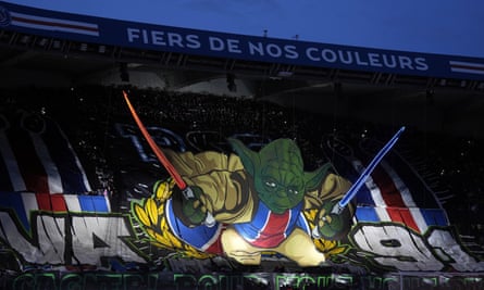 PSG fans display a tifo depicting Yoda ahead of the Champions League quarter-final first leg against Barcelona.