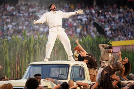 Bad Bunny performs during halftime of the NFL Super Bowl 60 football game between the New England Patriots and the Seattle Seahawks, Sunday, Feb. 8, 2026, in Santa Clara, Calif. (AP Photo/Matt Slocum)