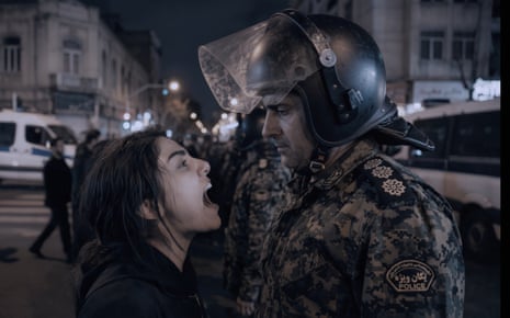 An AI generated protester yells at a riot police officer in camouflage uniform during a night demonstration