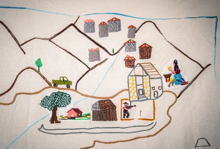 A section of a map of Coloradas de la Virgen, stitched by displaced community members, it shows burning houses and a man carrying a rifle.