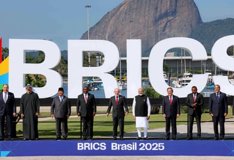 Brics leaders group photograph against the iconic backdrop of the Sugarloaf Mountains during the 2025 summit in Rio de Janeiro. China’s President Xi Jinping missed the event for the first time and Russia’s President Vladimir Putin also wasn’t there.