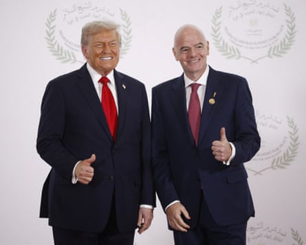 The US president Donald Trump and Fifa leader Gianni Infantino at Monday’s Gaza summit in Sharm el-Sheikh, Egypt.