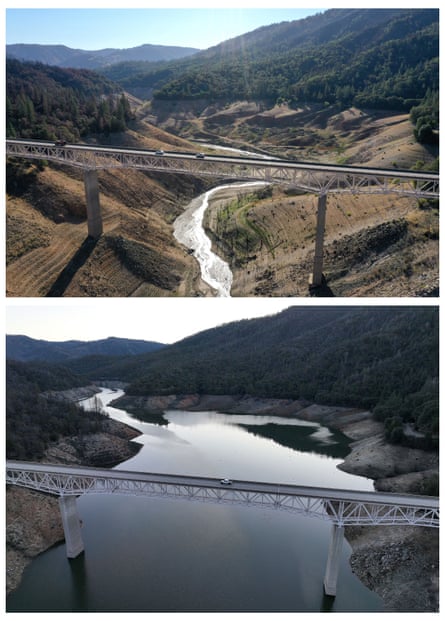 In this before-and-after composite image, a comparison of water levels at Lake Oroville, California’s second largest reservoir, in July 2021 and February 2023