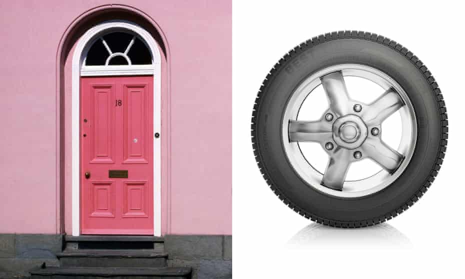 Image of a pink doorway next to that of a tyre.