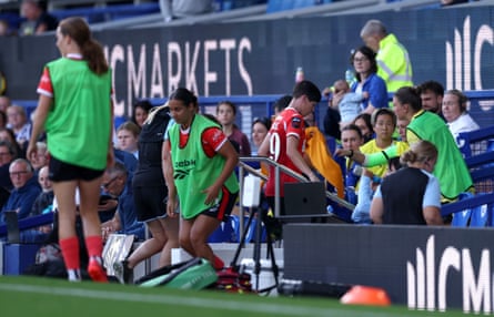Ashleigh Neville leaves the pitch after being shown a red card during the WomenâÂÂs Super League match between Everton and Charlton Athletic