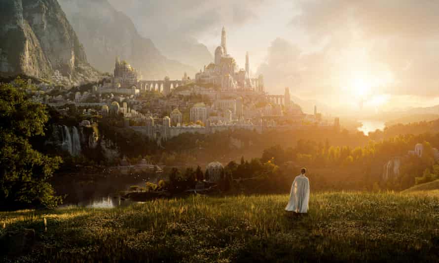 Image from the series of a white robed figure looking at a fantastical city on a hill, with the sun in the background