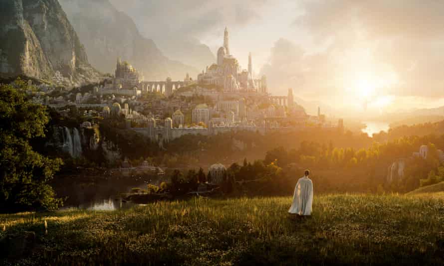 Acute skills shortage threatens British film studios’ production boom | Television industry 1 Image from the series of a white robed figure looking at a fantastical city on a hill, with the sun in the background