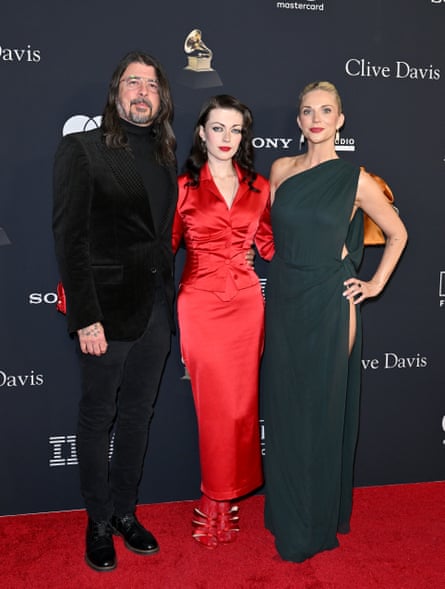 Grohl at the Grammys in January with his daughter, Violet Grohl, and his wife, Jordyn Blum.