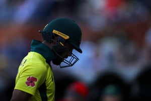 Glenn Maxwell of Australia looks dejected after being dismissed by Dwaine Pretorius of South Africa during game two of the Gillette One Day International series between Australia and South Africa at Adelaide Oval.